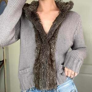 Zara Knit Grey Faux Fur Trim Cardigan with Pockets Size M